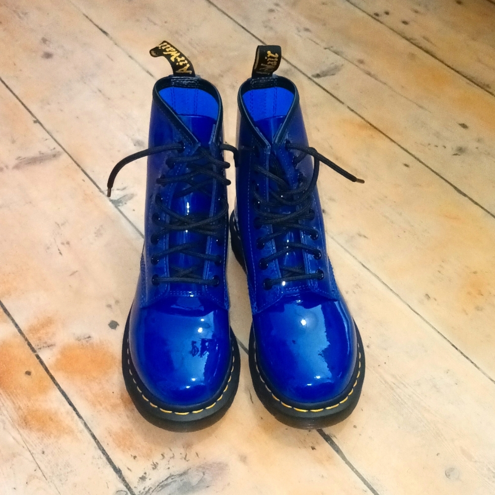 Dr. Martens Womens 1460 Patent Leather Blue Boots Size 6
